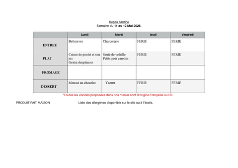 Menu de la cantine scolaire