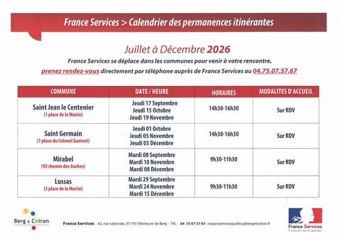 Calendrier des permanences itinérantes de Juillet à Décembre 2026