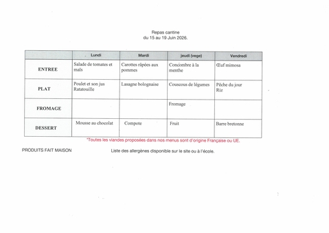 Menu de la cantine scolaire de Saint Jean-le-Centenier