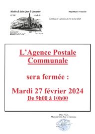 Fermeture Agence Postale Communale 27 février 2024 (de 9h à 10 h)
