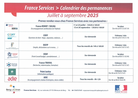 France Services - Calendrier des permanences des partenaires