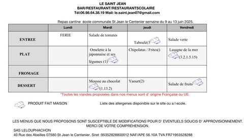 Menu de la cantine scolaire