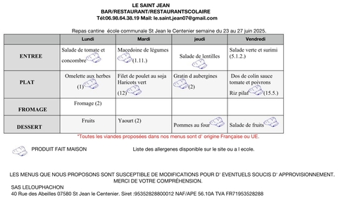 Menu de la cantine scolaire
