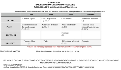 Menu de la cantine scolaire