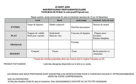 Menu de la cantine scolaire