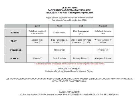 Menu de la cantine scolaire