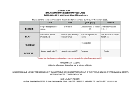 Menu de la cantine scolaire