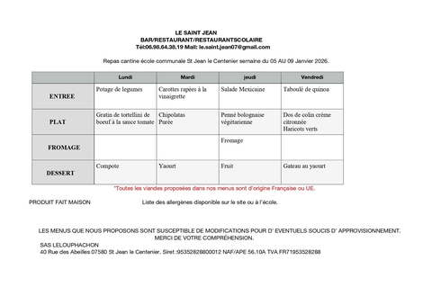 Menu de la cantine scolaire