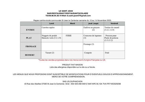 menu du 10 au 14 Novembre