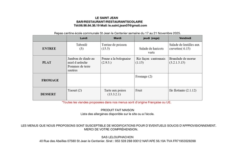 menu du 17 au 21 Novembre