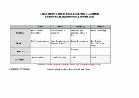 Menu de la cantine scolaire de Saint Jean-le-Centenier