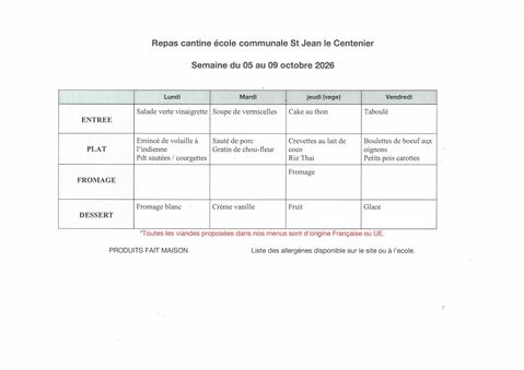 menu du 5 au 9 octobre 2026