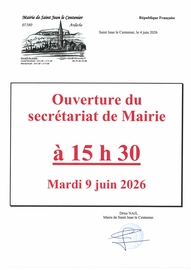 Mardi 9 juin : Ouverture du secrétariat de mairie à 15 h 30