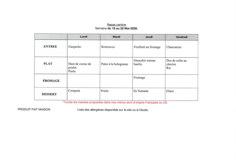 Menu de la cantine scolaire