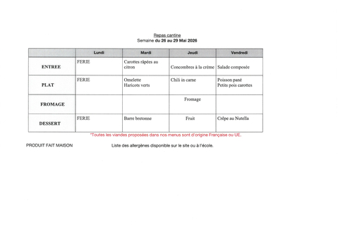 Menu de la cantine scolaire