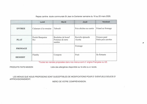 Menu de la cantine scolaire