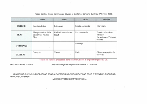 Menu de la cantine scolaire